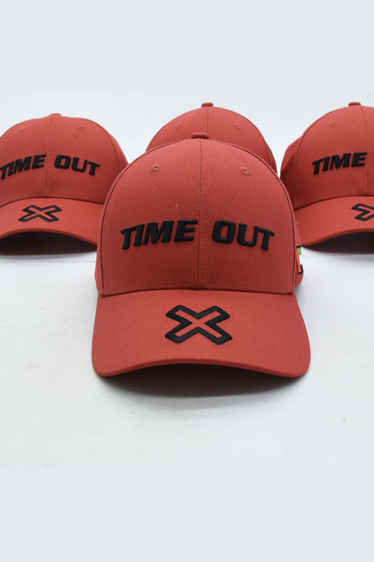 Time-Out-X-Logo-Baseball-Cap—Vermilion—front