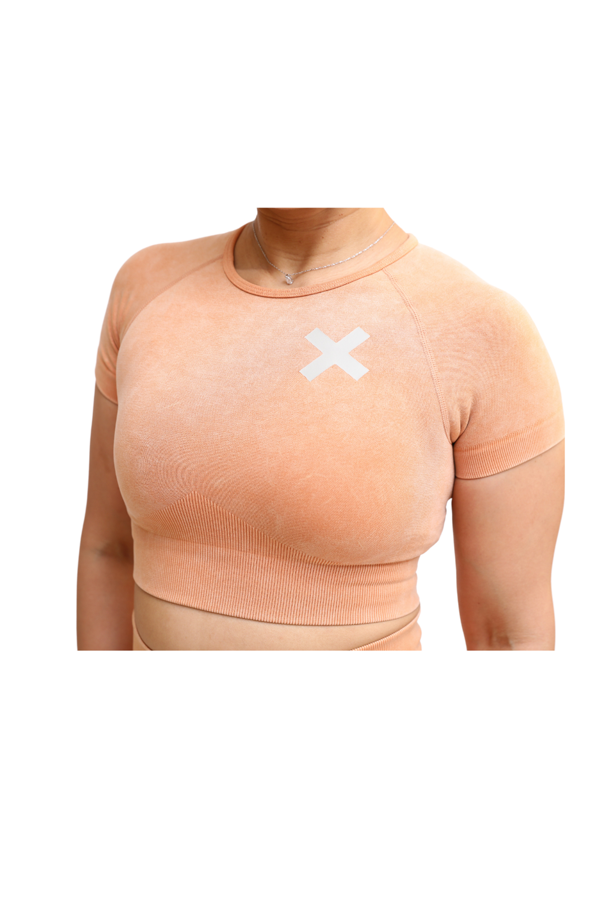 Time-Out-X-Short-Sleeve-Fitness-Crop-Top—Deep-Coral—Model—Close-up