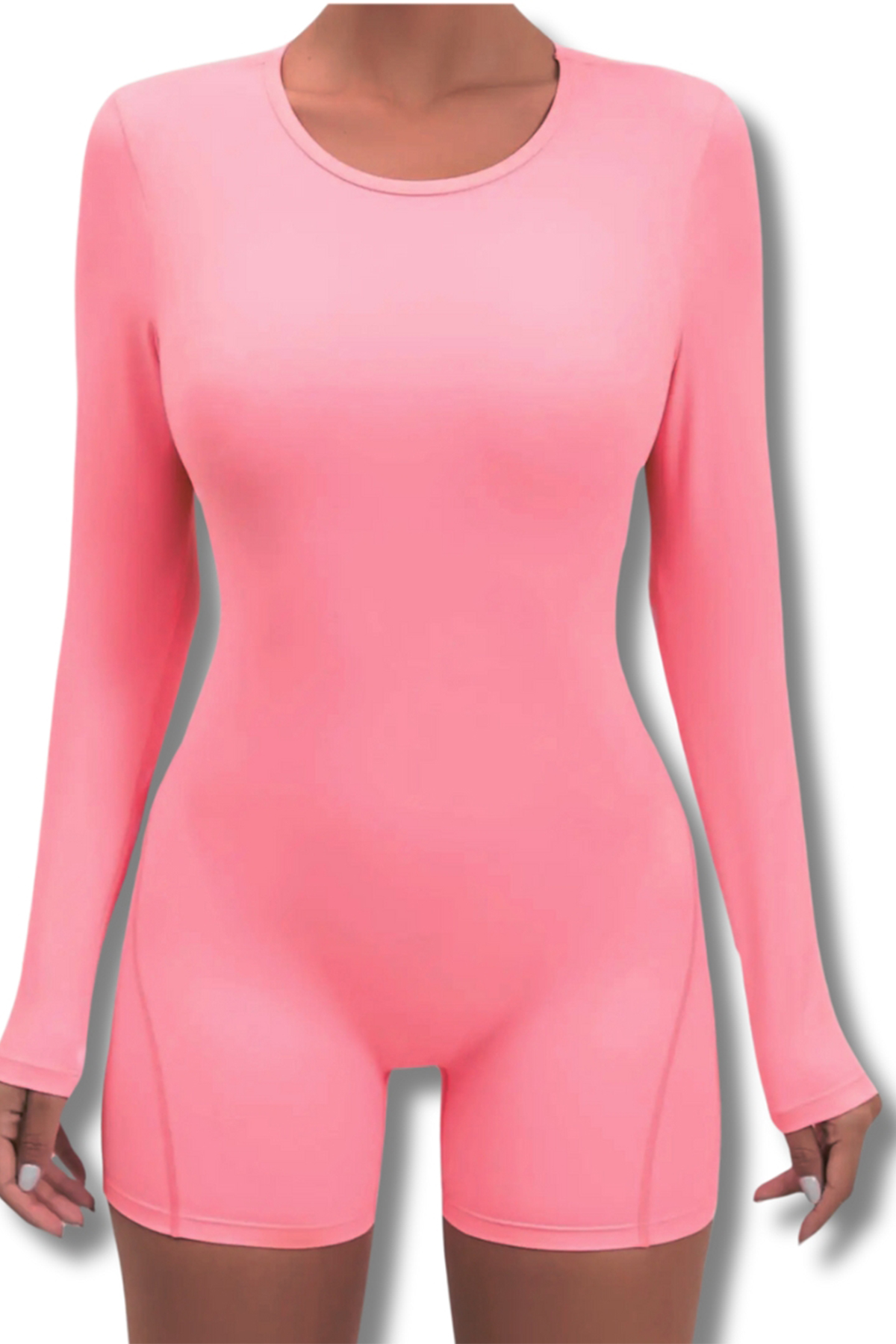 Fitted-Long-sleeved-Mid-Thigh-Yoga-Unitard-pink-model-front